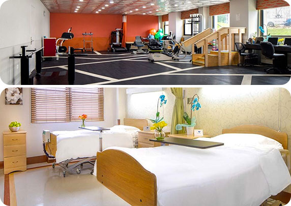 Tow images combined together of Fairview Rehab Gym area and patient rooms.