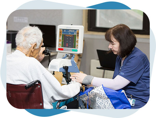 Nurse providing cardiac rehabilitation to a senior patient.