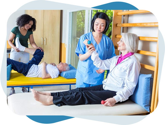 Stroke Care Nurses helping senior patients with stroke in getting physical therapy.