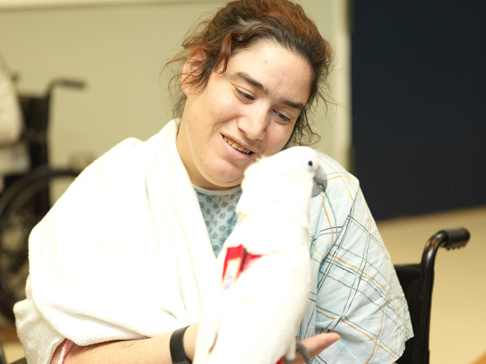 Benefits of pets Elderly woman playing with white cockatoo to relieve stress which is one of the benefits of pets