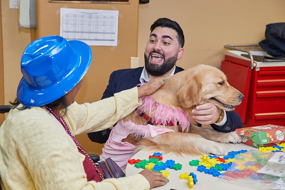 Woman with recreational therapist and a dog doing recovery activities to help with depression and anxiety.