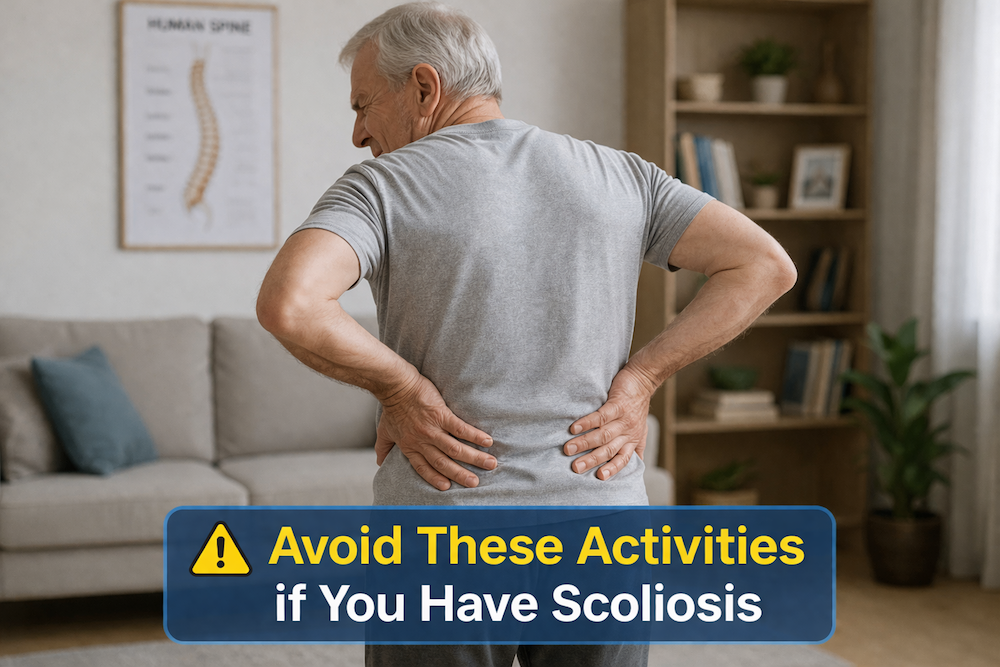 Visual representations of activities to avoid scoliosis.