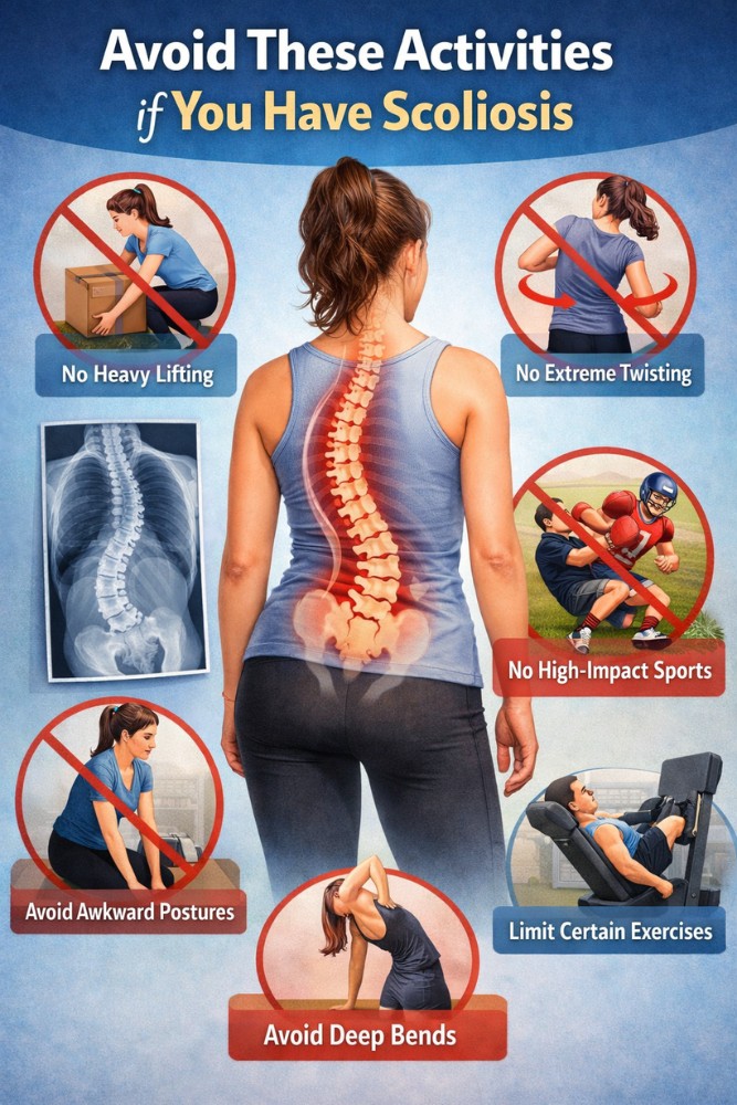 Visual representations of activities to avoid scoliosis.