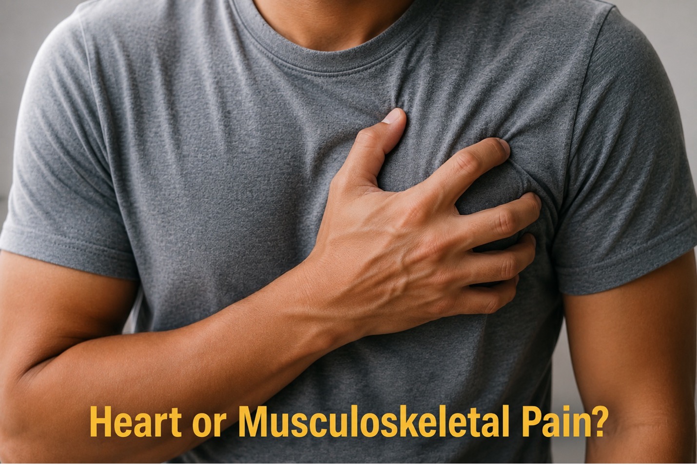 Person experiencing chest pain while holding their chest, illustrating the difference between heart pain and musculoskeletal pain.